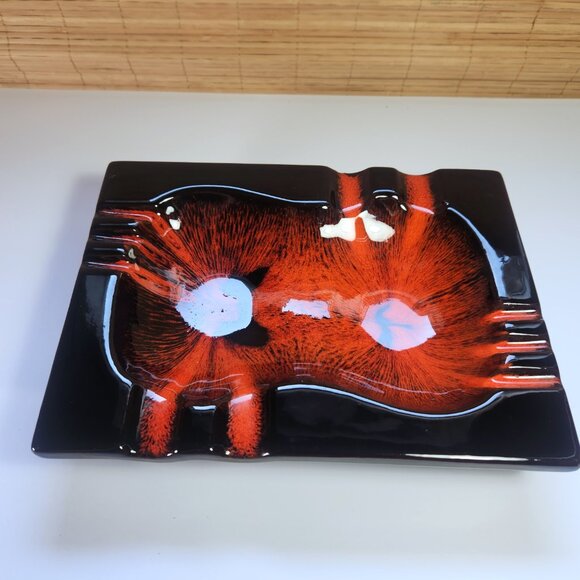 Evangeline Ceramic Ashtray Mid Century Modern Vintage Large Canada Black Orange - Picture 3 of 14